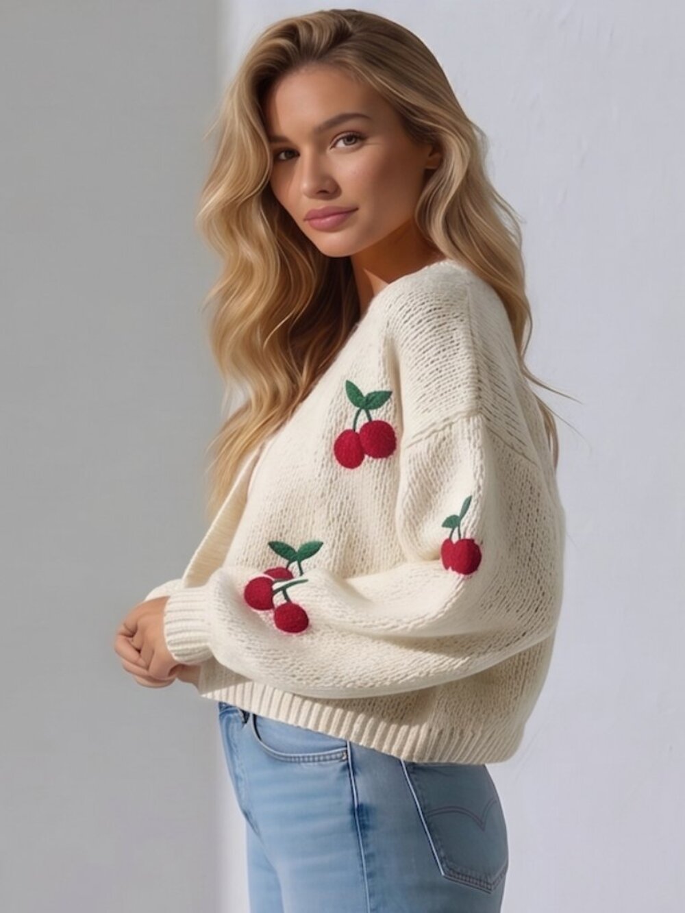 Cherry Embroidery Lantern Sleeve Cardigan Off White - Picture 2 of 8